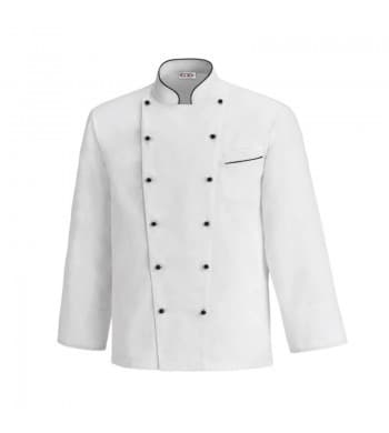 White double-breasted Rougevif chef jacket with a mandarin collar